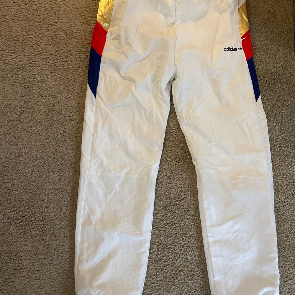 Adidas Men's White Joggers with Red and Blue Accents